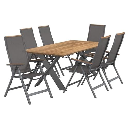 OUTLIV. Gartenmöbel Set Jacob Aluminium Textilene 6 Klappsessel Teak Tisch 200x100 cm, wetterfest, anthrazit dunkelgrau Holzoptik von OUTLIV