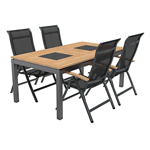 OUTLIV. Gartenmöbelset Alpha 5-TLG., Aluminium/Teak, 4 Klappsessel mit Textilene Bezug, Linz Ausziehtisch 180/240x100x75 cm, Anthrazit/Schwarz von OUTLIV