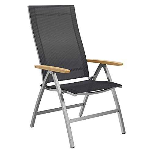 OUTLIV. Klappsessel Oviedo, Edelstahl Textilene Teak, Belastbarkeit 150 kg,Verstellbare Rückenlehne, Wetterfest, Klappbar, 61x55x110cm, Schwarz/Silber von OUTLIV