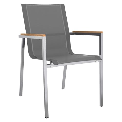 OUTLIV. Stapelsessel Rimini Edelstahlgestell, Textilene Sitzfläche, Teakholz Armlehnen, wetterfest, vollständig montiert, stapelbar, Silber-schwarz, 56x65x87 cm von OUTLIV