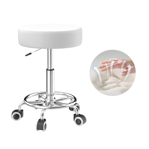 Hocker höhenverstellbar 49cm-63cmcm,Rollhocker mit fußstützezur Entspannung des Körpers,kompakt,bequem und leicht PU leder hocker mit rollen,drehhocker,arbeitshocker,friseurhocker,bürohocker (1 Weiß) von OUTMASTER