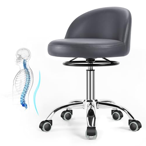 Rollhocker,hocker mit rollen,Rollhocker mit lehne zur Entspannung der Lendenwirbelsäule,hocker höhenverstellbar 360,PU leder drehhocker,Geeignet für Büro, Zuhause, Salon stuhl mit rollen (grau) von OUTMASTER