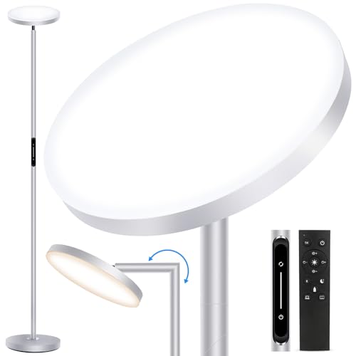 OUTON 2 in 1 Stehlampe LED Dimmbar, 30W/3000LM Deckenfluter mit Fernbedienung & Touch-Steuerung, 4 Farbtemperatur, Stunden Timer, Leselampe Stehleuchte für Wohnzimmer Schlafzimmer Büro, Silber Grau von OUTON