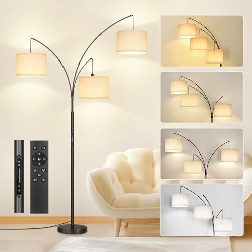 OUTON 3 Arc LED Stehlampe mit Fernbedienung & Touch-Schiebeschalter, dimmbar, modern, schwarz, gewölbte hohe Stehlampe, verstellbare Steh-Ecklampe mit Hängeschirm für Schlafzimmer, Büro, Wohnzimmer von OUTON