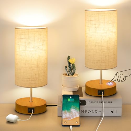 OUTON 2er set Nachttischlampe Touch Dimmbar mit USB A+C Ladeanschlüssen, Speicherfunktion, Leinen Lampenschirm, kleine Tischlampen für Schlafzimmer Wohnzimmer, Büros(Birne 9W Enthalten) von OUTON