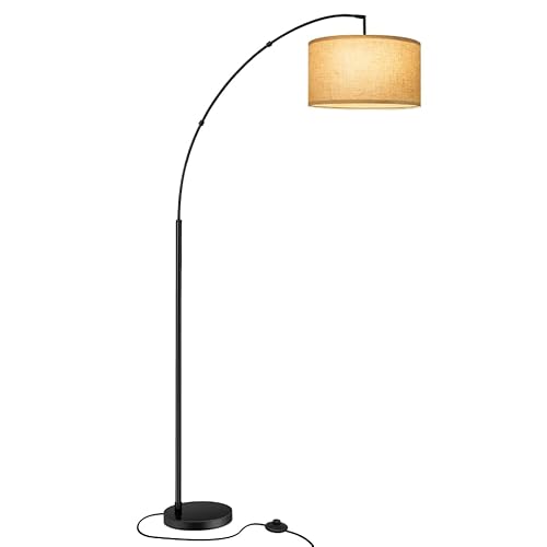 OUTON Bogenlampe Wohnzimmer, Dimmbar LED Stehlampe mit 40cm Beige Lampenschirm, Fernbedienung und Fußschalter, 3 Farbtemperaturen, Inklusive E27 Glühbirne, Schwarz Standleuchte für Schlafzimmer Büro von OUTON