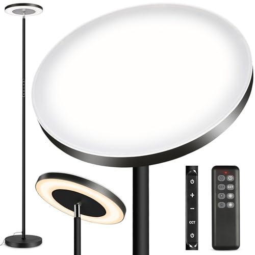 OUTON LED Dimmbar Deckenfluter 34W, Doppelte Seitenbeleuchtung Stehlampe Wohnzimmer, Tageslichtlampe Stehlampe mit Fernbedienung & Touch-Steuerung, 4 Farbtemperatur für Schlafzimmer Büro, Matt Schwarz von OUTON