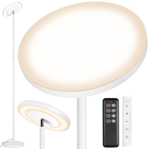 OUTON Deckenfluter LED Dimmbar, Doppelte Seitenbeleuchtung Stehlampe Wohnzimmer, 34W Tageslichtlampe Stehlampe mit Fernbedienung & Touch-Steuerung, 4 Farbtemperatur für Schlafzimmer Büro, Weiß von OUTON