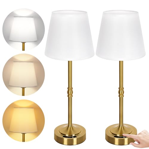 OUTON Kabellose LED Akku Tischlampen mit Ladeanzeige – Touch Dimmbar, 3 Lichtfarben (3000K–6500K), 4000mAh USB-C Aufladbar, 60 Std Laufzeit – für Schlafzimmer, Wohnzimmer, Esszimmer(Gold-2 Stück) von OUTON