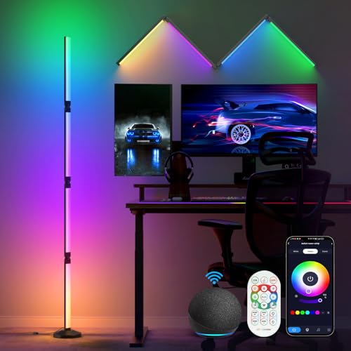 OUTON LED Stehlampe, RGBICWW 24W 2600LM Dimmbar Faltbar Stehlampe mit Fernbedienung, Kompatibel mit Alexa & Google Home, APP Steuerung,Musik Sync,16 Millionen Farben&300+ Szenenmodi für Wohnzimmer von OUTON