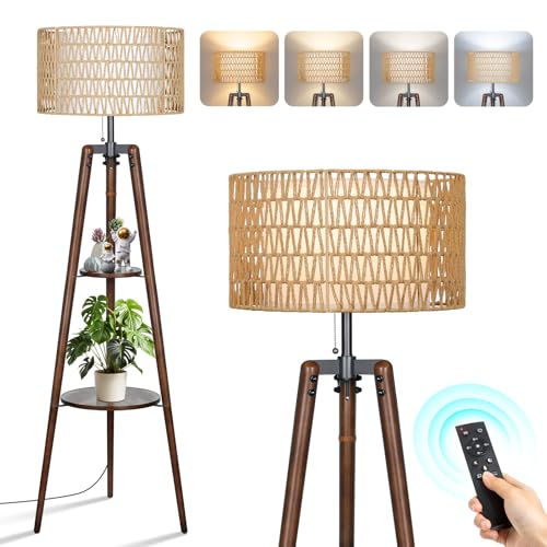 OUTON LED Stehlampe Dimmbar Dreibein Holz mit Regal,Fernbedienung,4 Farbtemperatur,1 Stunde Timerfunktion,Stativ Stehleuchte mit zwei Lampenschirmen,geeignet für Wohnzimmer, Schlafzimmer(Walnussfarbe) von OUTON