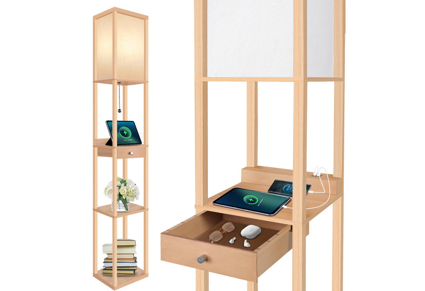 OUTON LED Stehlampe LED-Stehleuchte, Regal mit Schublade, mit 1 USB-A und 1 USB-C, LED wechselbar, 3-fach dimmbare LED, leichter Aufbau von OUTON