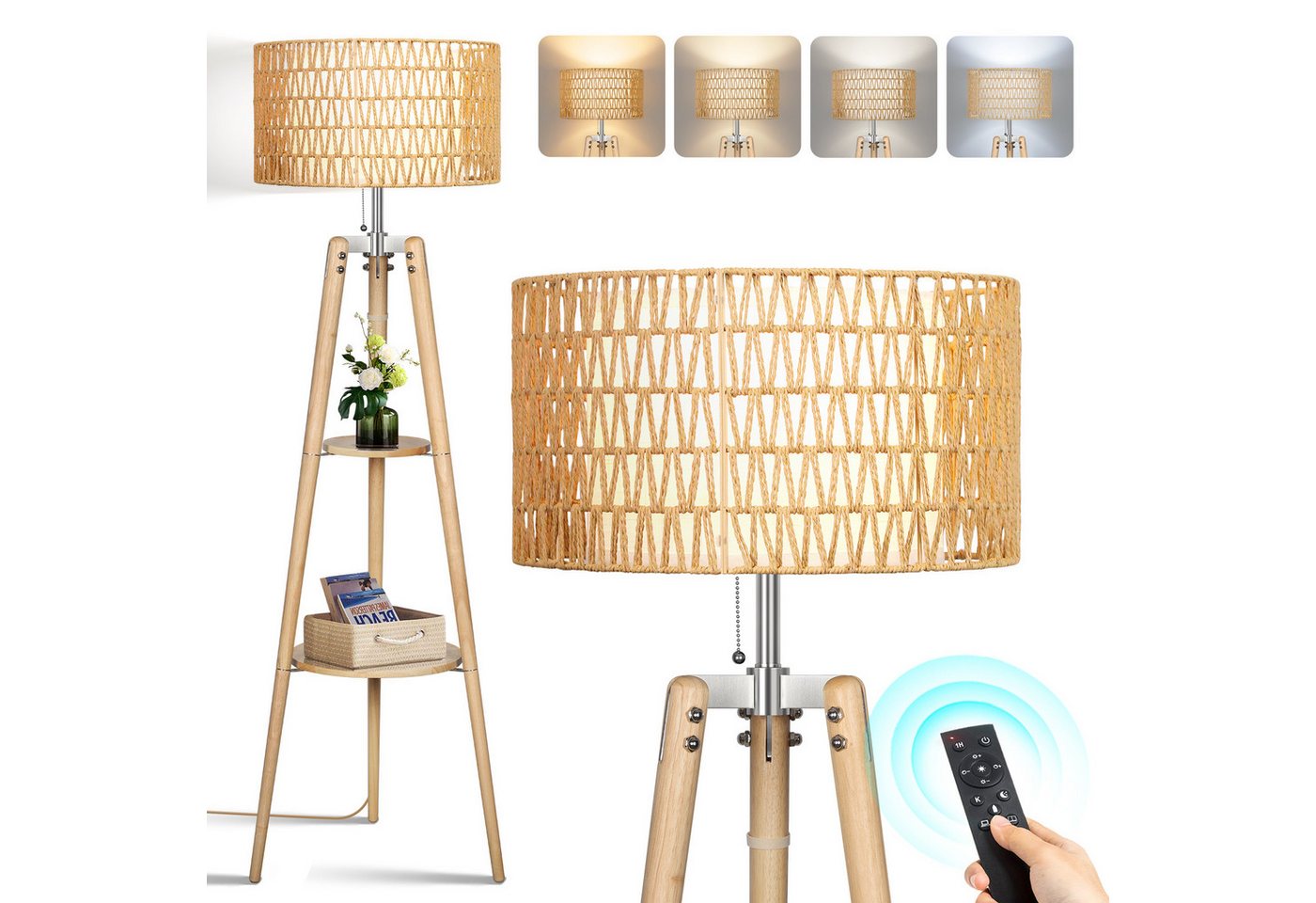 OUTON LED Stehlampe Stehlampe Dimmbar Rattan Akazienholz 2 Ablageflächen Fernbedienung, LED wechselbar, mit doppeltem Schirm und intelligentem Licht OUTON LED Stehlampe Stehlampe Dimmbar Rattan Akazienholz 2 Ablageflächen Fernbedienung, LED wechselbar, mit doppeltem Schirm und intelligentem Licht von OUTON