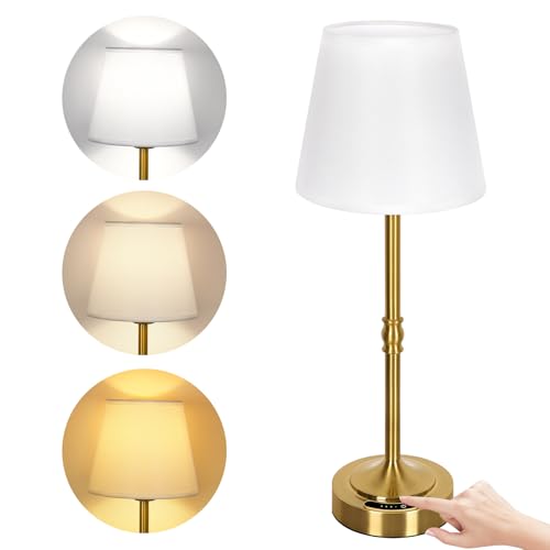 OUTON Nachttischlampe mit Ladeanzeige – Touch Dimmbar, 3 Lichtfarben (3000K–6500K), 4000mAh USB-C Aufladbar, 60 Std Laufzeit – Kabellose Tischlampefür Schlafzimmer, Wohnzimmer, Esszimmer(Gold-1 Stück) von OUTON