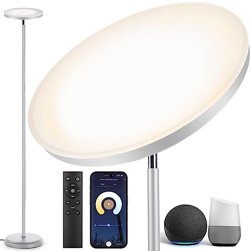 OUTON Smart LED Stehlampe 30W 3000LM, WiFi Dimmbar Standleuchte Kompatibel mit Alexa & Google Assistant, App-Steuerung, Fernbedienung, Deckenfluter für Wohnzimmer Schlafzimmer Büro, Silber Grau von OUTON