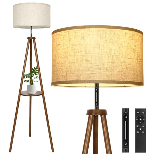 OUTON Stehlampe Holz Dreibein, Modern Dimmbar Stehlampe mit Fernbedienung & Touch-Steuerung, 4 Farbtemperaturen, 1H Timer, Stehleuchte mit Regal & Leinen-Lampenschirm für Schlafzimmer, Wohnzimmer,Büro von OUTON