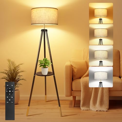 OUTON Stehlampe Holz Dreibein, Modern Dimmbar Stehleuchte mit Fernbedienung, 4 Farbtemperaturen, 1H Timer, Stehlampe mit Regal & Leinen-Lampenschirm für Schlafzimmer, Wohnzimmer, Büro (Walnuss Gold) OUTON Stehlampe Holz Dreibein, Modern Dimmbar Stehleuchte mit Fernbedienung, 4 Farbtemperaturen, 1H Timer, Stehlampe mit Regal & Leinen-Lampenschirm für Schlafzimmer, Wohnzimmer, Büro (Walnuss Gold) von OUTON