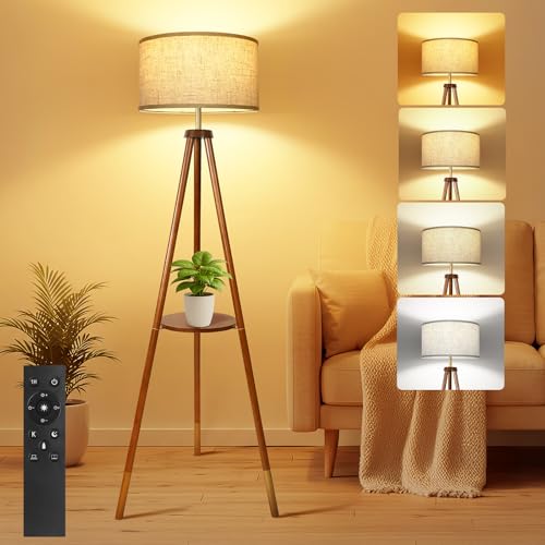 OUTON Stehlampe Holz Dreibein, Modern Dimmbar Stehleuchte mit Fernbedienung, 4 Farbtemperaturen, 1H Timer, Stehlampe mit Regal & Leinen-Lampenschirm für Schlafzimmer, Wohnzimmer, Büro (Walnuss Gold) von OUTON