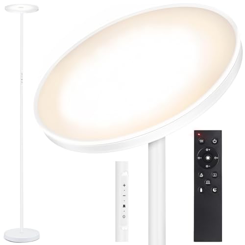 OUTON Stehlampe LED Dimmbar 30W 3000Lumen, Moderne Deckenfluter Stehleuchte Stufenlos mit 4 Farbtemperaturen, Fernbedienung & Touch-Steuerung, 1H Timer für Wohnzimmer Schlafzimmer Büro, Weiß von OUTON