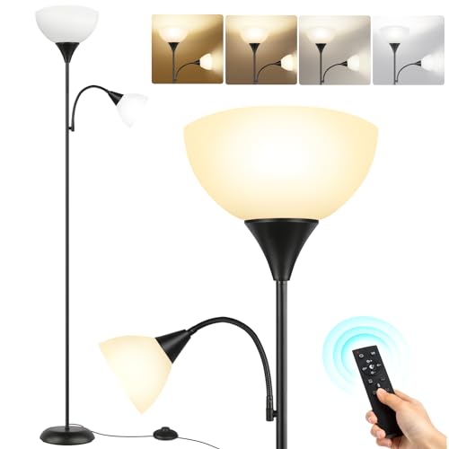 OUTON Stehlampe Wohnzimmer, Deckenfluter Led Dimmbar mit Leselampe, Stehleuchte Stufenlos Dimmbar, 3 Farbtemperaturen, mit Fernbedienung und Zwei 9-W-Glühbirnen, für Wohnzimmer Büro Schlafzimmer von OUTON