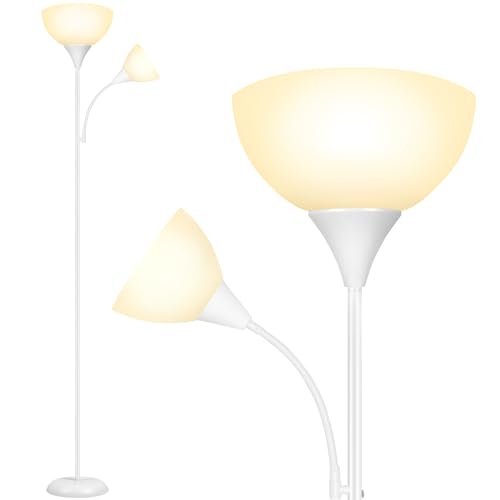 OUTON Stehlampe Wohnzimmer, Deckenfluter Led Dimmbar mit Leselampe, Stehleuchte Stufenlos Dimmbar, Farbtemperaturen, mit Fernbedienung und Zwei 9-W-Glühbirnen, für Wohnzimmer Büro (Pearl Weiß) von OUTON