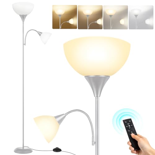 OUTON Stehlampe Wohnzimmer mit Leselampe, Deckenfluter LED Dimmbar, 4 Farbtemperaturen, 1H Timer, mit Fernbedienung und 9W Glühbirnen, für Wohnzimmer Büro Schlafzimmer, Silber Grau von OUTON