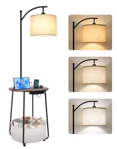OUTON Stehlampe mit Rundtisch, Beistelltische mit Ladestation (USB und Type-C), 3 Farbtemperaturen, 12W LED-Leuchtmittel, Nachttisch mit Stoffkorb für Schlafzimmer, Wohnzimmer, Rustikales Braun von OUTON