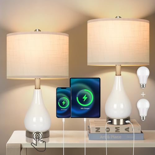 OUTON Tischlampen 2er set, Nachttischlampe Touch Dimmbar, Tischlampe mit USB A+Typ-C-Anschlüsse 2 Dimmbare LED-Birnen, Moderne Keramik tischleuchte mit Leinenschirm für Schlafzimmer, Wohnzimmer, Büro von OUTON