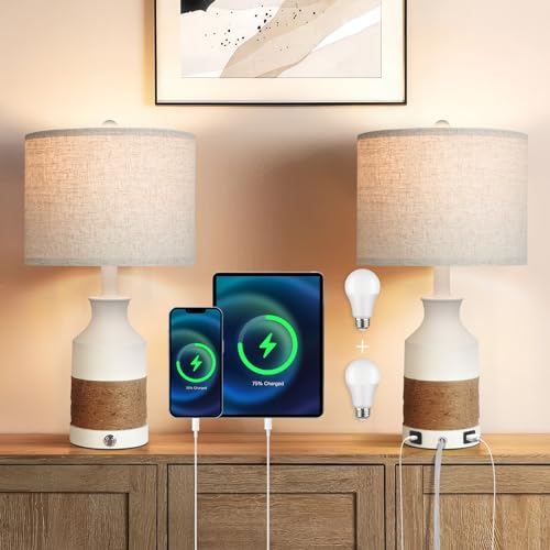 OUTON Tischlampen 2er set, Nachttischlampe Touch Dimmbar, Tischlampe mit USB A+Typ-C-Anschlüsse 2 Dimmbare LED-Birnen, Moderne tischleuchte mit Stoff Leinen Schirm für Schlafzimmer, Wohnzimmer, Büro von OUTON