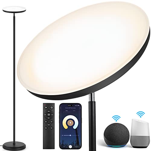 OUTON Smart LED Stehlampe 30W 3000LM, WiFi Dimmbar Standleuchte Kompatibel mit Alexa & Google Assistant, App-Steuerung, Fernbedienung, Deckenfluter für Wohnzimmer Schlafzimmer Büro, Schwarz von OUTON