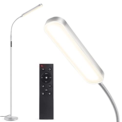 OUTON Stehlampe LED Dimmbar 15W 1500LM, Leselampe mit 4 Farbtemperatur, Fernbedienung und Touch Steuerung, 1H Timer, Leseaufgabe Beleuchtung für Wohnzimmer Schlafzimmer Büro, Silber Grau von OUTON