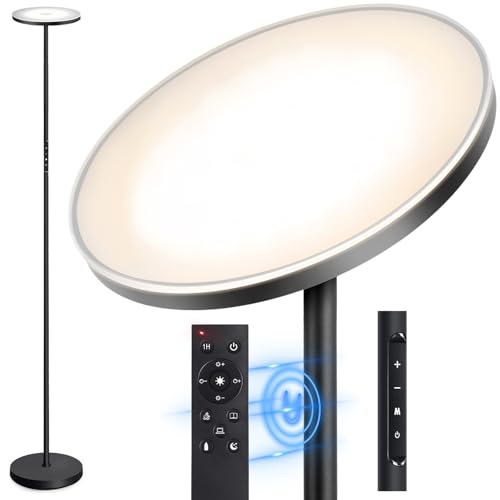 OUTON Stehlampe LED Dimmbar 30W 3000Lumen, Moderne Deckenfluter Stehleuchte Stufenlos mit 4 Farbtemperaturen, Fernbedienung & Touch-Steuerung, 1H Timer für Wohnzimmer Schlafzimmer Büro, Schwarz von OUTON