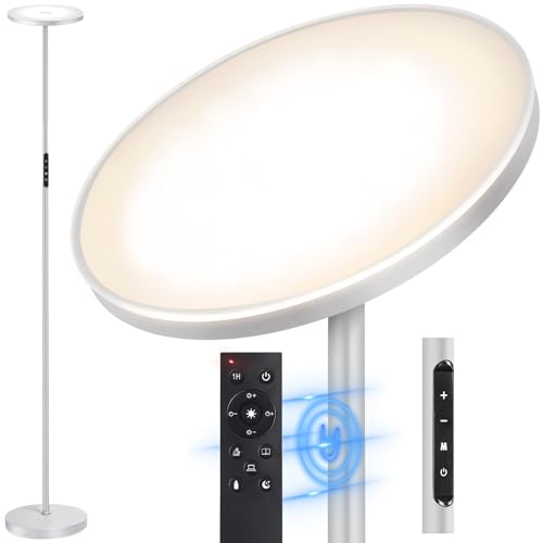 OUTON Stehlampe LED Dimmbar 30W 3000Lumen, Moderne Deckenfluter Stehleuchte Stufenlos mit 4 Farbtemperaturen, Fernbedienung & Touch-Steuerung, 1H Timer für Wohnzimmer Schlafzimmer Büro, Silver von OUTON