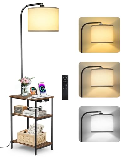 OUTONLIFE Stehlampe Wohnzimmer mit Tisch & Regal, Dimmbar LED Standleuchte mit Fernbedienung, 3 Farbtemperaturen, Nachttisch mit Ladefunktion und Ablagefläche, Holz Beistelltisch für Schlafzimmer Büro von OUTONLIFE