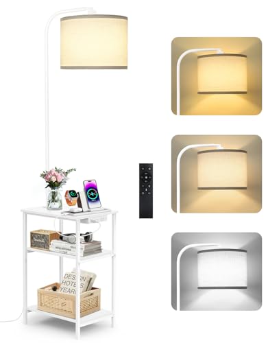 OUTONLIFE Stehlampe Wohnzimmer mit Tisch & Regal, Dimmbar LED Standleuchte mit Fernbedienung, 3 Farbtemperaturen, Nachttisch mit Ladefunktion und Ablagefläche, Holz Beistelltisch für Schlafzimmer Büro von OUTONLIFE