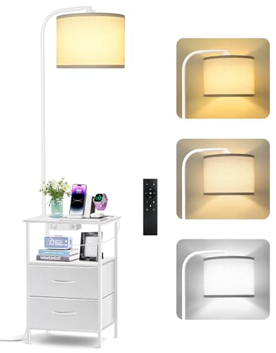 OUTONLIFE Stehlampe mit Tisch & Regal, dimmbare LED Standleuchte mit Fernbedienung, 3 Farbtemperaturen, Nachttisch mit Ladefunktion, 2 Stoffschubladen, Beistelltisch für Wohnzimmer Schlafzimmer Büro von OUTONLIFE