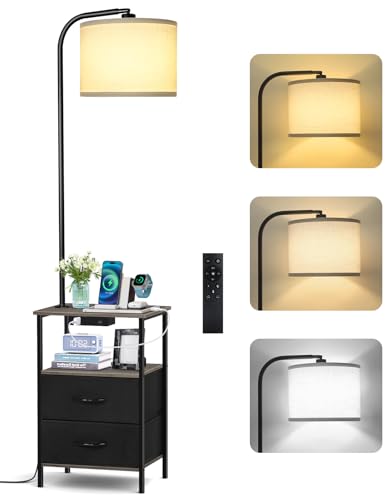 OUTONLIFE Stehlampe mit Tisch & Regal, dimmbare LED Standleuchte mit Fernbedienung, 3 Farbtemperaturen, Nachttisch mit Ladefunktion, 2 Stoffschubladen, Beistelltisch für Wohnzimmer Schlafzimmer Büro von OUTONLIFE