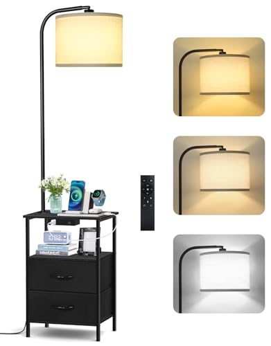 OUTONLIFE Stehlampe mit Tisch & Regal, dimmbare LED Standleuchte mit Fernbedienung, 3 Farbtemperaturen, Nachttisch mit Ladefunktion, 2 Stoffschubladen, Beistelltisch für Wohnzimmer Schlafzimmer Büro von OUTONLIFE