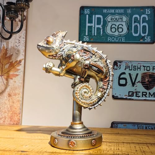 OUTOUR Steampunk Eidechse Chamäleon Statue Gold handbemalte Harzfigur Cyborg Sci-Fi Sammlerstück mit Zahnrädern Heimdekoration Tischregal Männerhöhle Geschenk von OUTOUR