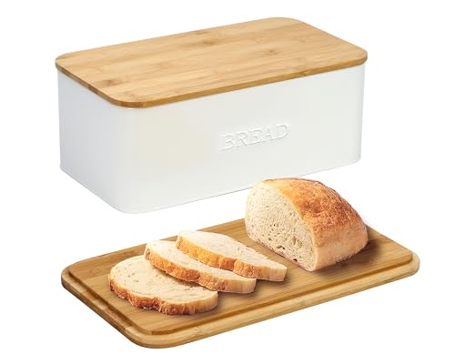 OUTSHINE Weiße Brotbox für Küchenarbeitsplatte, Brotbox mit Schneidebrettdeckel, Weißbrotbox, kleine Brotbox, Brotkasten, Brothalter für Küchentheke, Keramik Brotbox, Brotaufbewahrung von OUTSHINE
