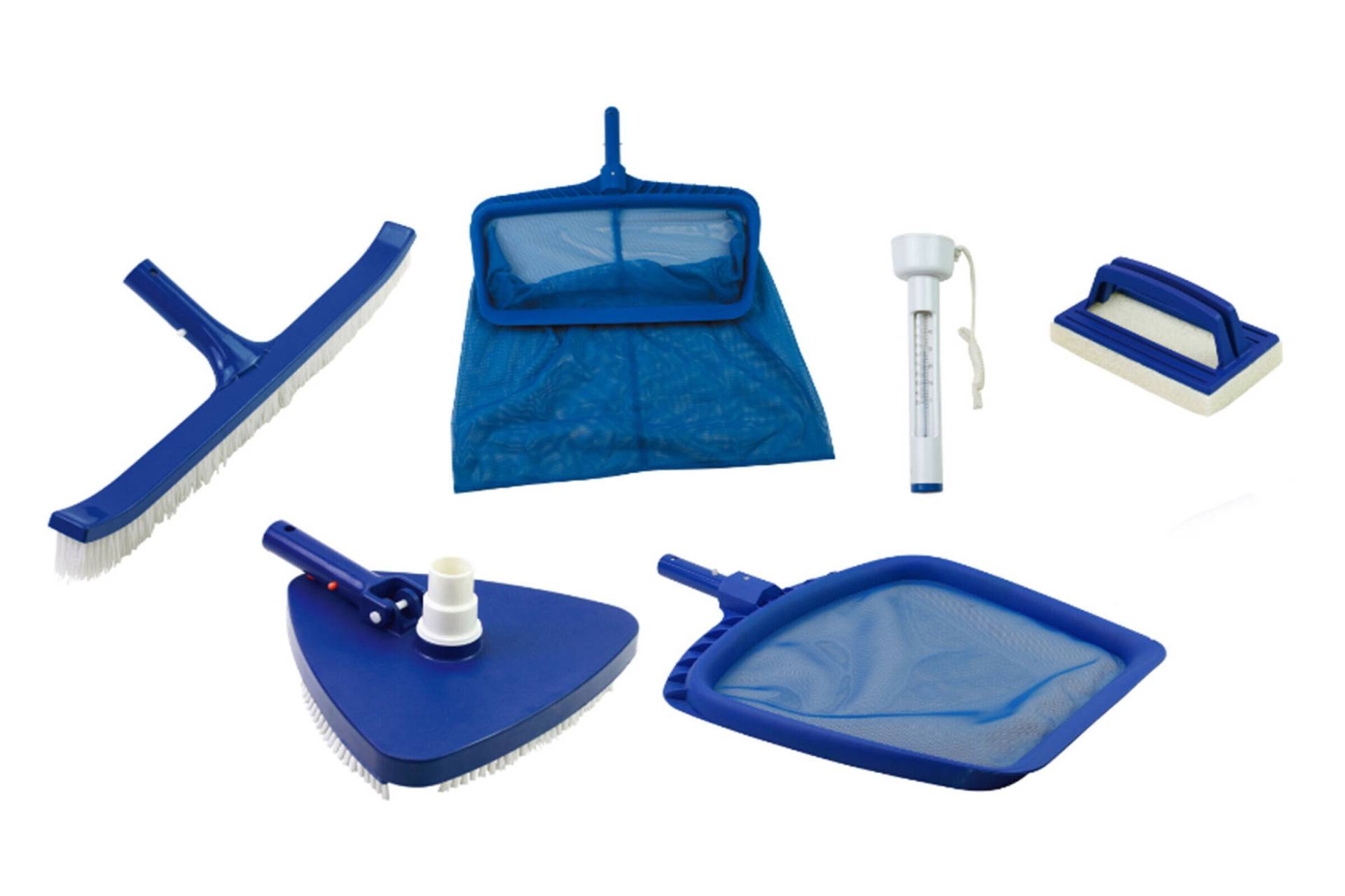 OUTTECH Poolpflege-Set, weiß/blau, Kunststoff, 6-teilig, inkl. Bürsten, Kescher und Thermometer von OUTTECH