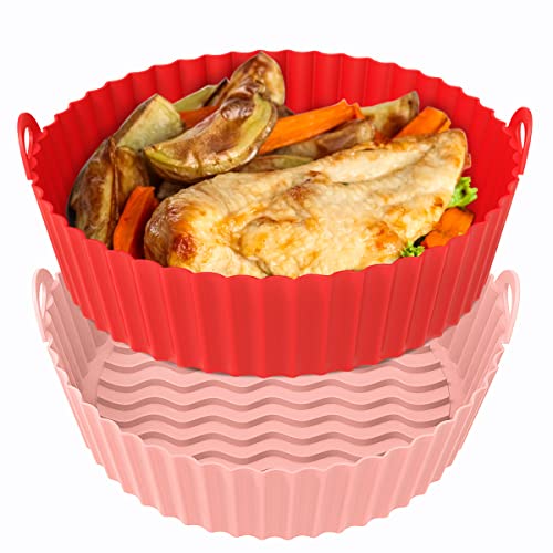 OUTXE 2-Pack 21.5cm Silikonform für Heißluftfritteuse, Wiederverwendbare Silikonform Rund für 5L Heißluftfritteuse Ofen Zubehör(Rot+Pink) von OUTXE