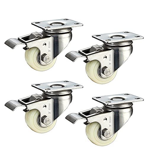 Lenkrollen, schwere Lenkrollen, Räder 2 zoll Edelstahl 304 Halterung Schwerlast 480 kg Leise Nylon mit Bremse Drehplatte Klein für Tisch Schreibtisch Trolley Babybett Wiege 4 Stück(2in 4brake) von OUUOYSD
