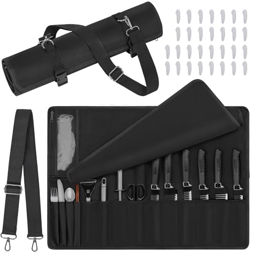 Kochmesser-Rolltasche, Messerrolltasche, Messertaschen für Profis, Messertasche, tragbare Kochmesseretui mit 14 Schlitzen und verstellbarem Schultergurt (nur Tasche) von OUUTMEE
