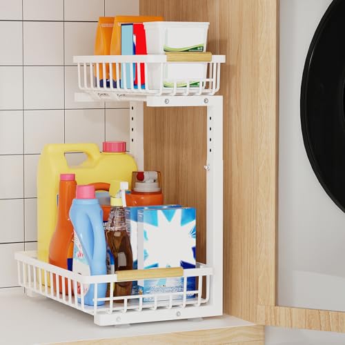 OUUTMEE 1 Stück 2 Stöckig Regal Für Unter Die Spüle 40 x 31 cm Höhenverstellbar 35.5~43cm Untere Ebene Kann Geschoben und Gezogen Werden Geeignet für Waschbecken in Küche und Bad Metall Weiß von OUUTMEE