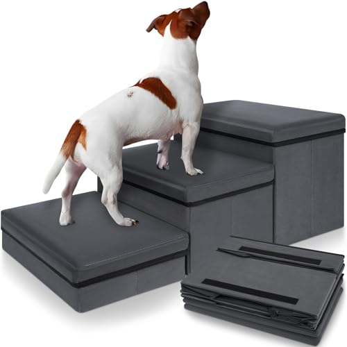 OUUTMEE Haustiertreppe 3 Stufen Hundetreppe Zusammenklappbar mit Stauraum,Hundetreppe Bett für Betten,Sofas, Treppe für Alte Katzen Hunde, Maximale Tragfähigkeit 30 kg,Grau von OUUTMEE