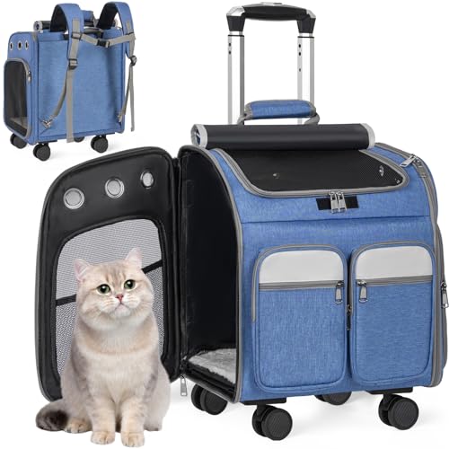 OUUTMEE für Katzen und kleine Hunde, 4-Wege-Handtasche mit Rollen, multifunktionaler Rucksack, atmungsaktiv Blau Haustiertragetasche, Tragetasche mit Rollen von OUUTMEE