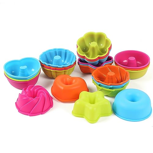 OUYANKA Muffinförmchen 24 Stück Mini Gugelhupfform Silikon Mini Kuchenform Wiederverwendbar Backformen Cupcake 6 Formen Muffin Backform für Kuchen Dessert Schokolade (4 Farben) von OUYANKA