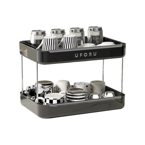 OUYUE Tassenregal Tassenhalter Arbeitsplatte Kaffee Station Organizer 2-Tier Glas Tablett Becher Trocknen Shel Tassenständer Arbeitsplatte(Black) von OUYUE