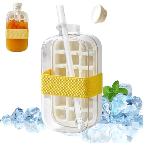 Eiswürfelflasche Mit Strohhalm, Ice Cube Bottle, 2 In 1 EiswüRfelbehäLter Wasserflasche Mit Deckel Und BehäLter, Einfaches DrüCken, Um Das Eis Zu LöSen, Cool Summer Trinkflasche Cup, 800ml-Weiß von OUYULAI